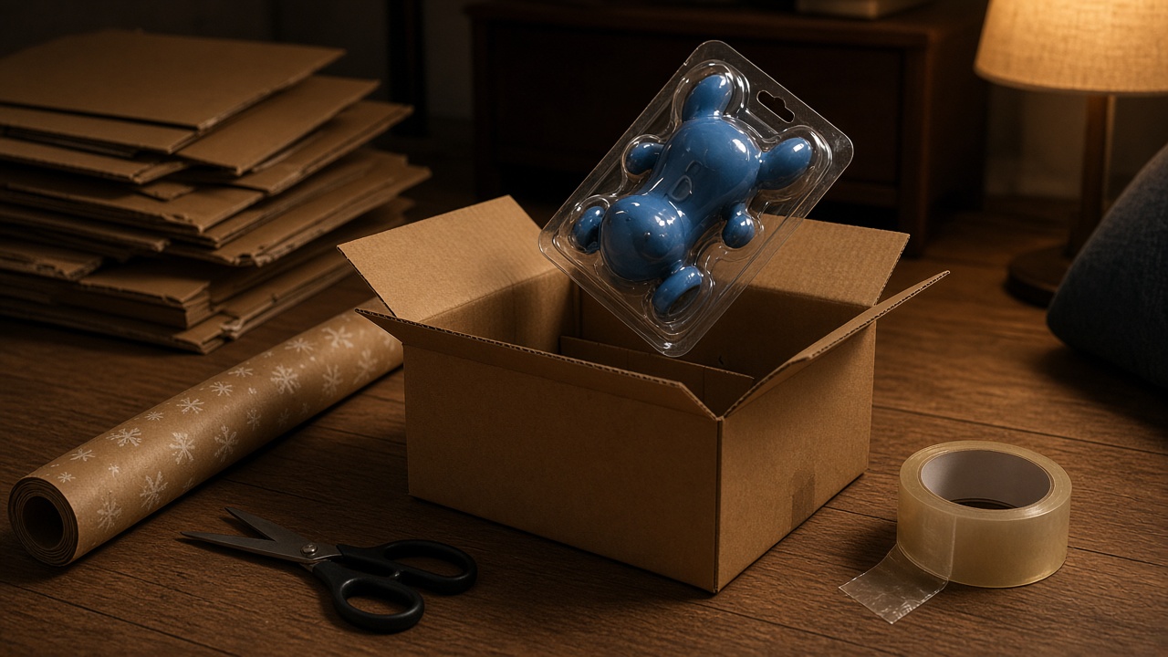 Awkward plastic-packaged toy dropping into a plain cardboard box with wrapping paper nearby