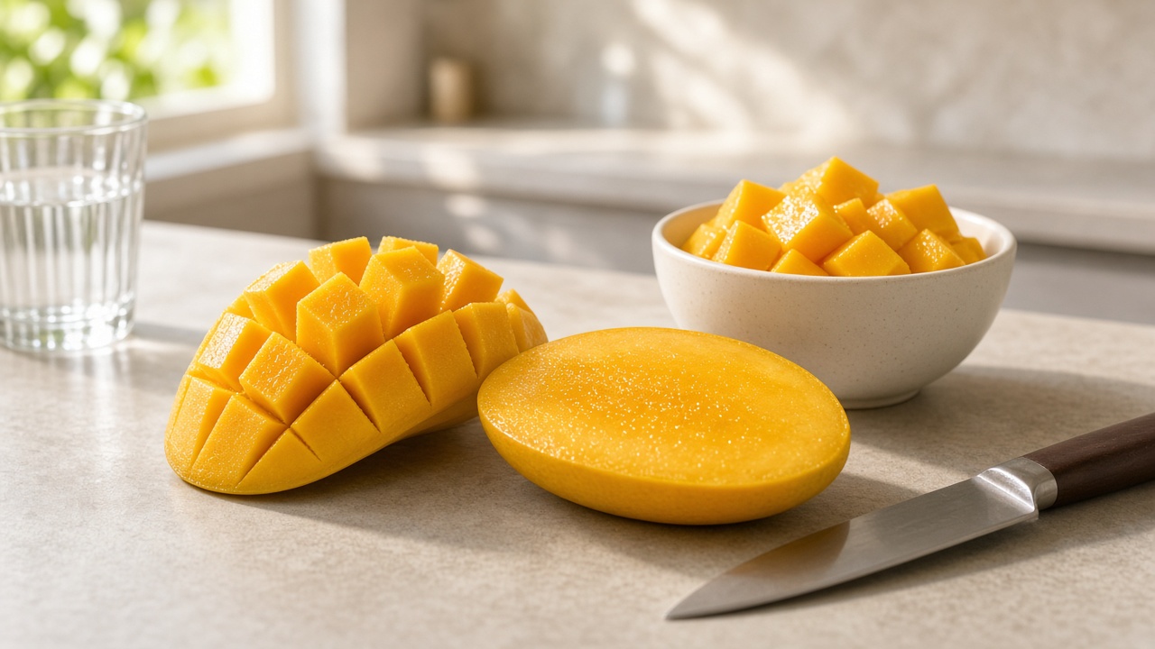 Mango cheeks scored into cubes next to a bowl of mango and a knife