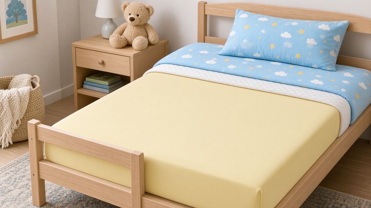Kids twin bed with a yellow made sheet ready under a blue star sheet and white quilted mattress protector peeled back
