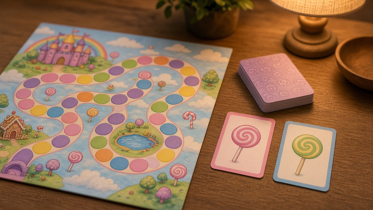 Two face-up game cards beside a kids board game