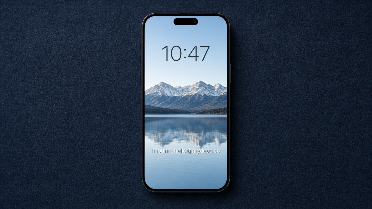 Phone lock screen showing If found: hello@mydeas.co level on the glass