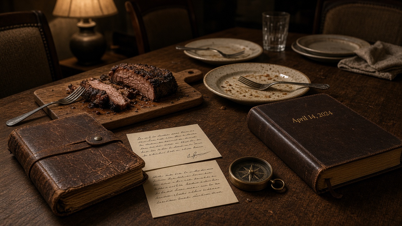 After-dinner table with a leather journal, handwritten cards, a compass, and a dated book