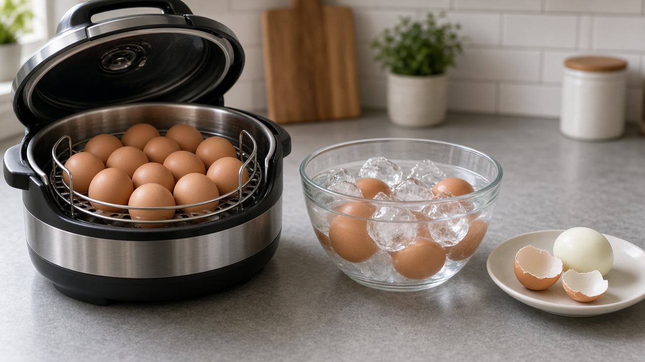 Pressure cooker of eggs, ice bath, and one peeled egg with the shell in two pieces