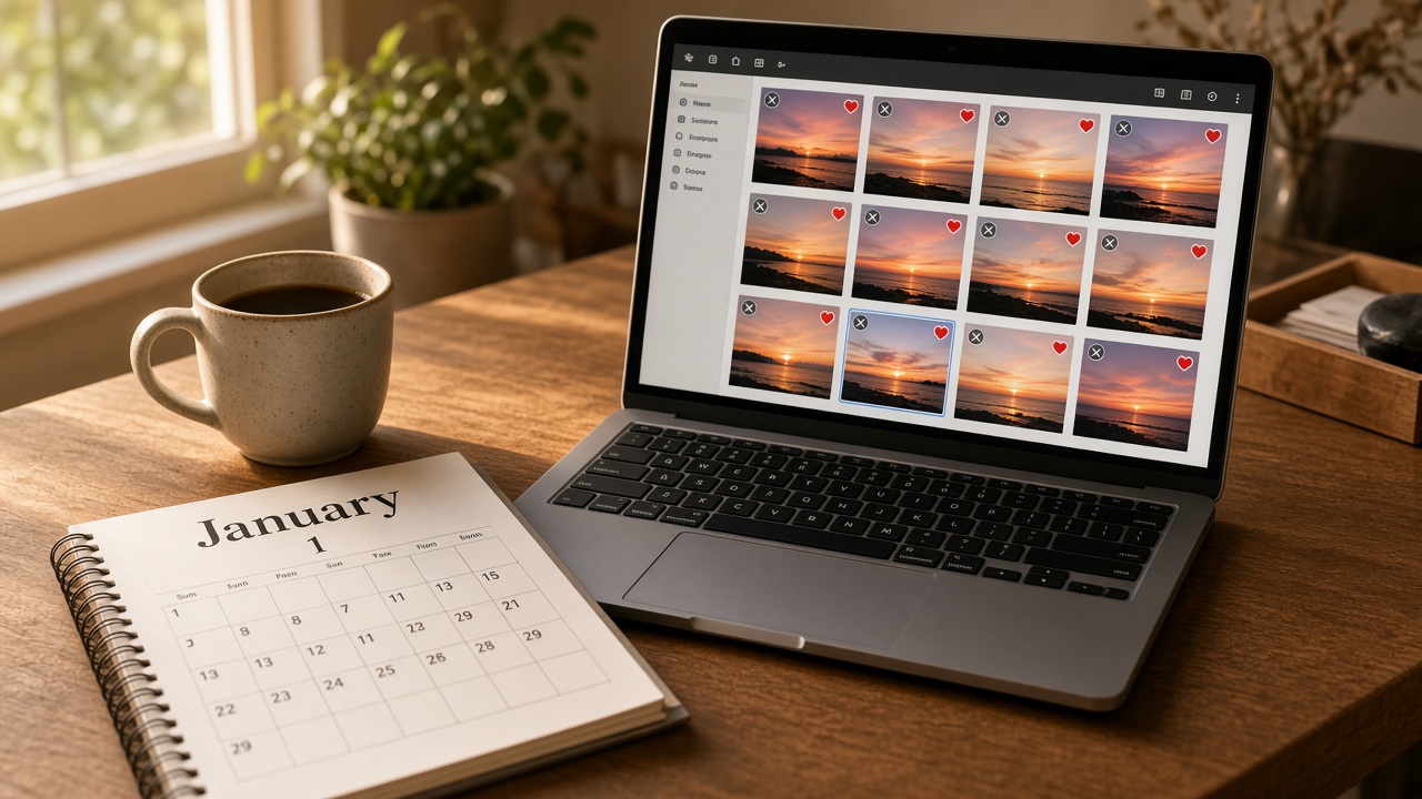 Laptop photo library of near-identical sunsets next to a January 1 calendar