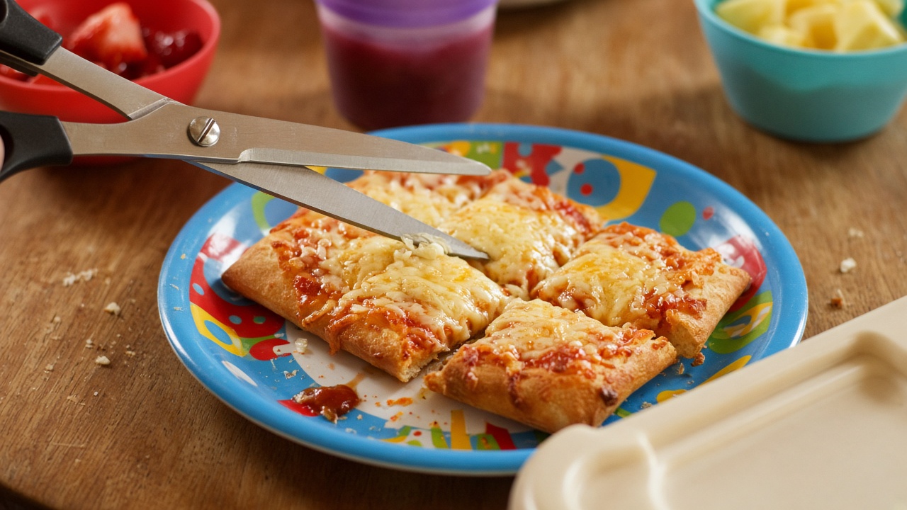 Kitchen shears cutting a kids pizza into squares on a colorful plate