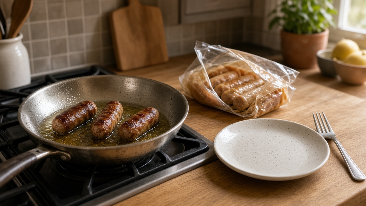 Three maple chicken sausages browning in a pan beside a kids plate