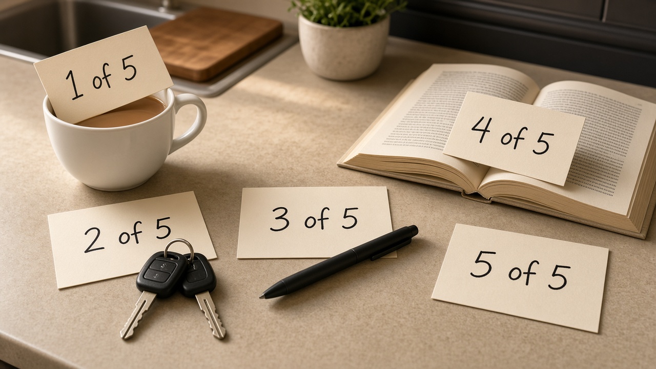 Numbered index cards hidden in a coffee mug, a book, and next to car keys