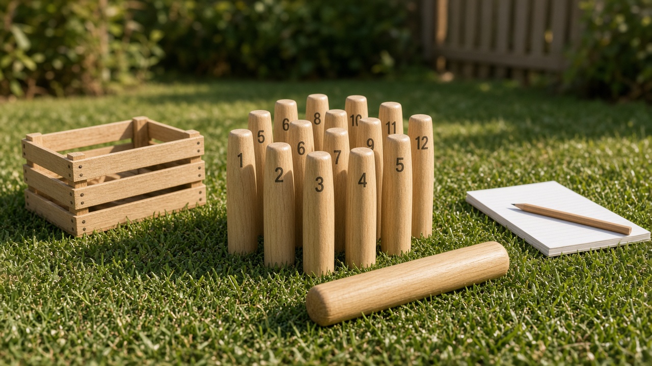 Wooden Skittle Scatter pins numbered 1-12 on a lawn, with a throwing pin, crate, and scorepad
