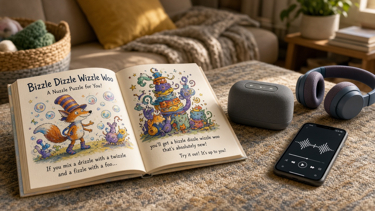 Open rhyming picture book on a rug next to a small speaker, headphones, and a phone playing music