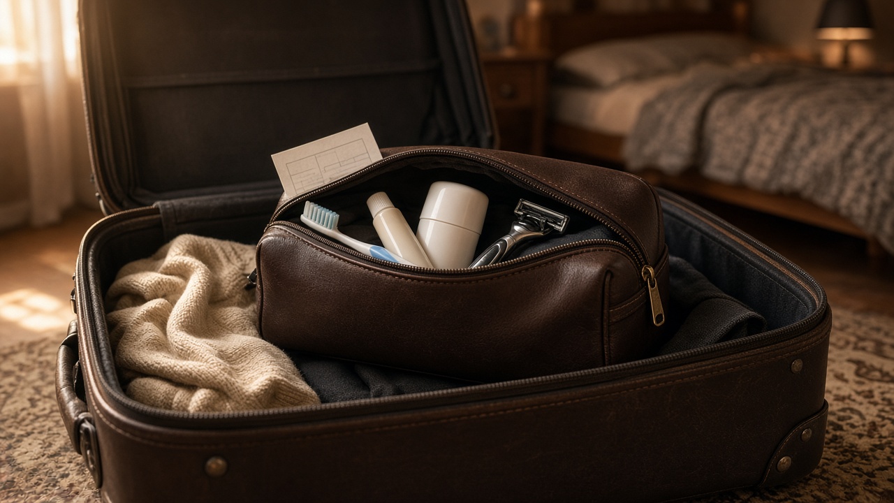 Packed dopp kit sitting in an open suitcase
